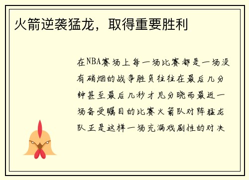 火箭逆袭猛龙，取得重要胜利